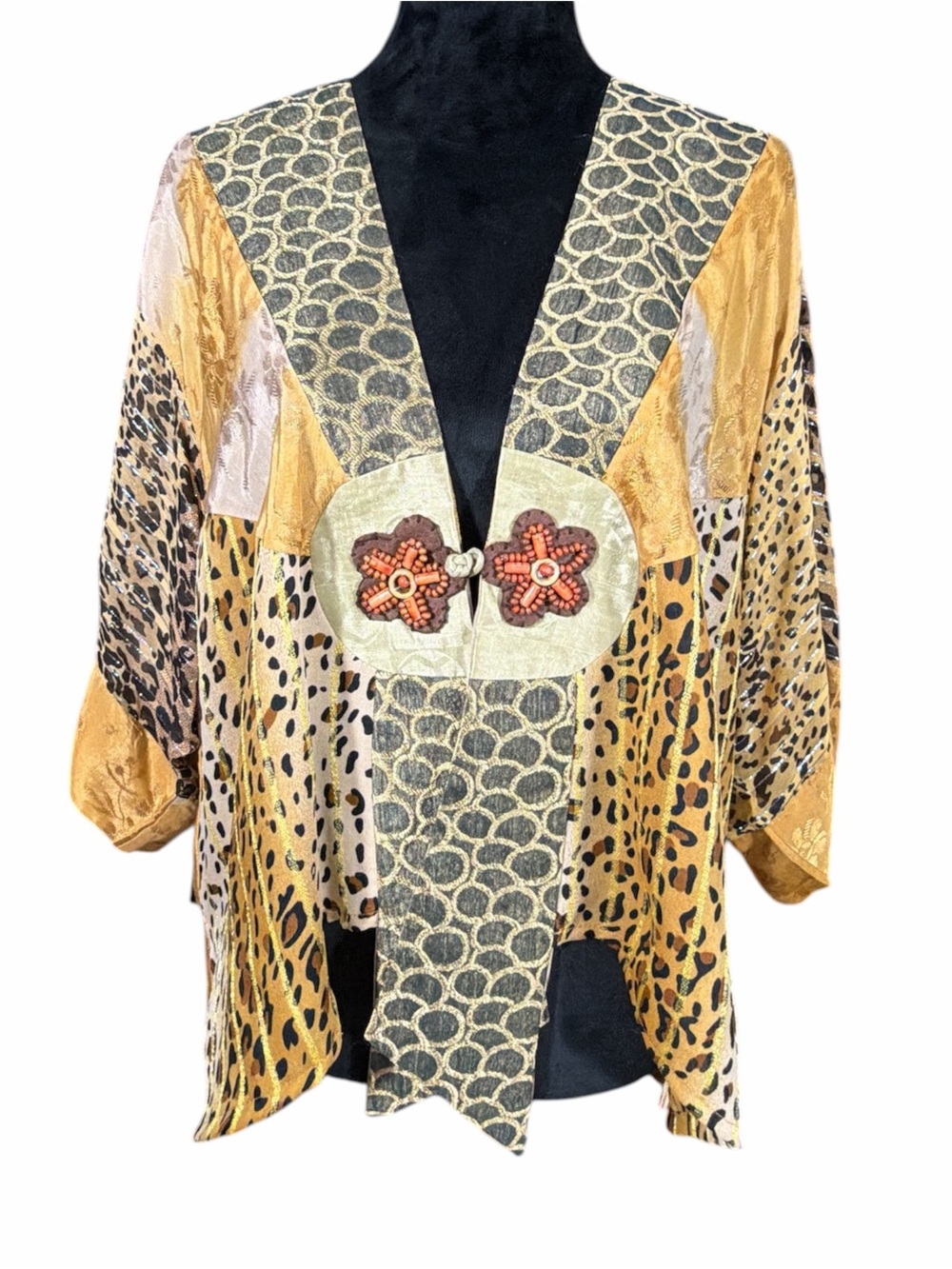 Boho vintage Mixed-Print Open Front Kimono Top in Gold